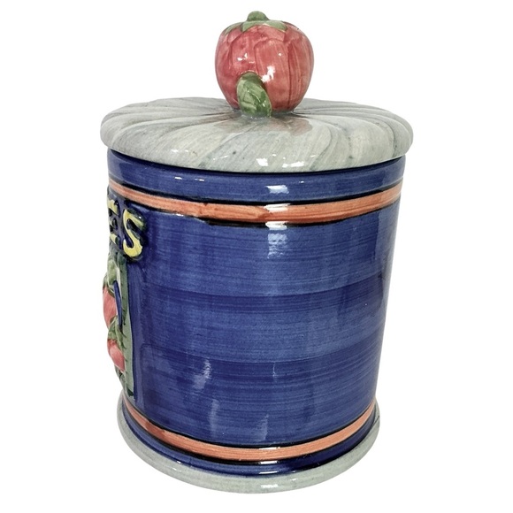 Vintage Canister Tomato Farmhouse Multipurpose Jar Ceramic Blue 3 Cup 5.25” Tall - Picture 12 of 16